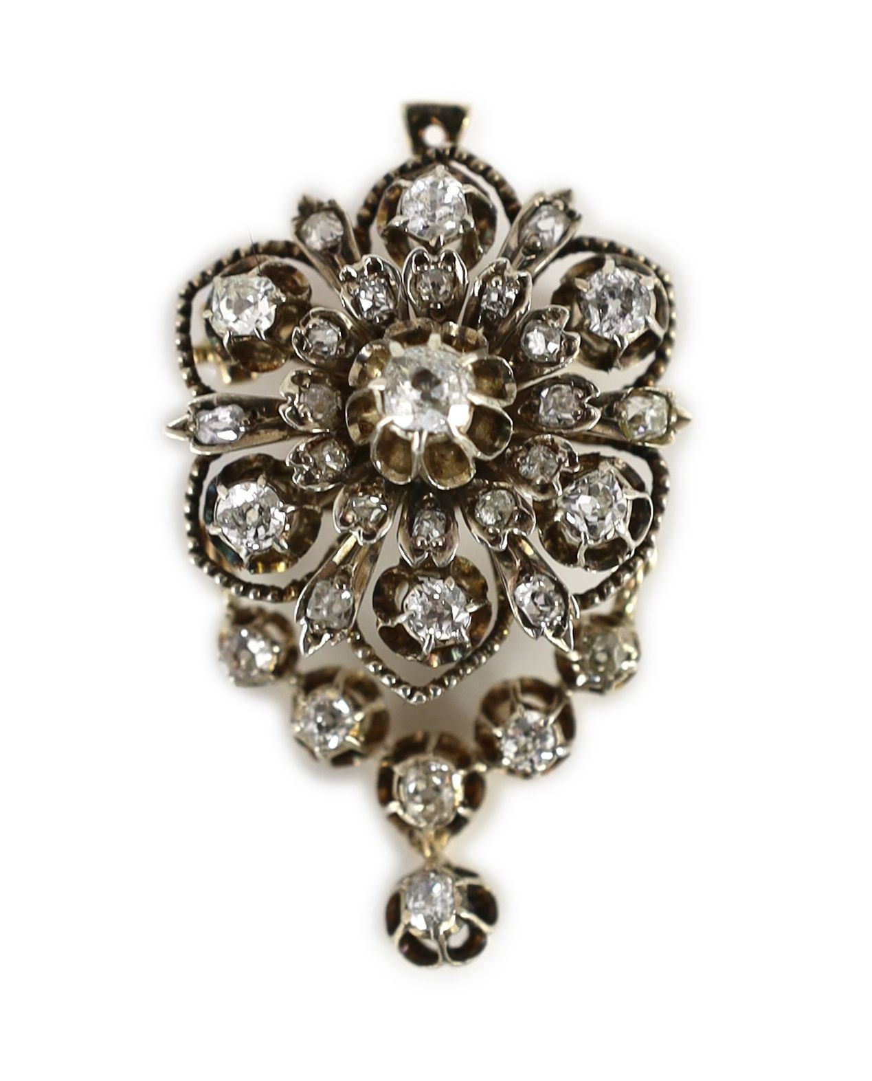 A 19th century gold, silver and diamond cluster drop pendant brooch